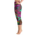 Capri Yoga Leggings, Retro Groovy Hot Pink and Sea Foam Green Abstract Art