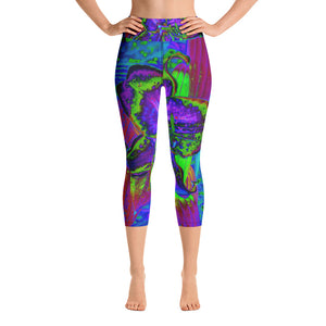 Capri Yoga Leggings, Psychedelic Purple and Lime Green Lily Flower