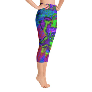 Capri Yoga Leggings, Psychedelic Purple and Lime Green Lily Flower