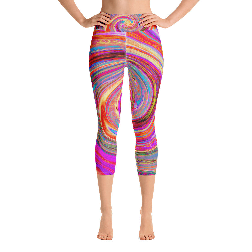 Capri Yoga Leggings, Colorful Rainbow Swirl Retro Abstract Design