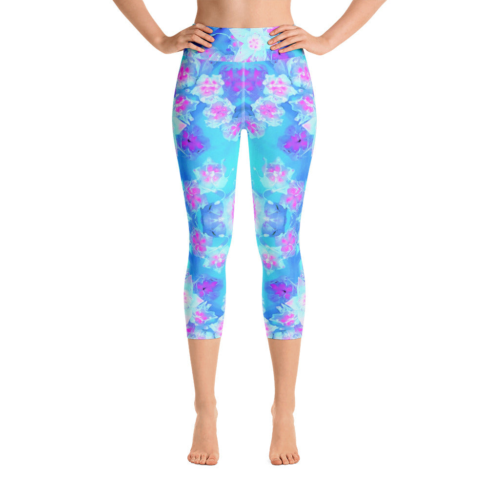 Capri Yoga Leggings, Blue and Hot Pink Succulent Underwater Sedum
