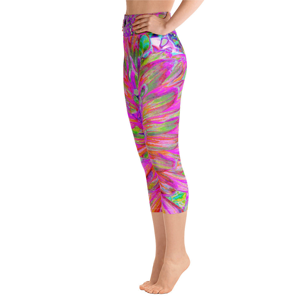 Capri Yoga Leggings, Colorful Rainbow Decorative Dahlia Explosion