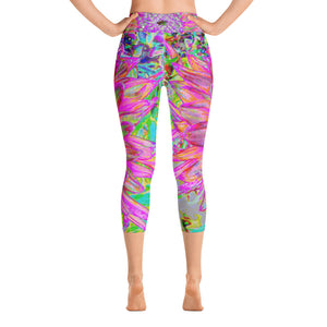 Capri Yoga Leggings, Colorful Rainbow Decorative Dahlia Explosion