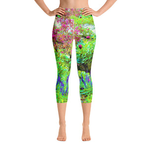 Capri Yoga Leggings, Green Spring Garden Landscape with Peonies