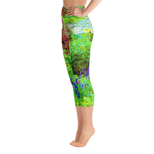 Capri Yoga Leggings, Green Spring Garden Landscape with Peonies