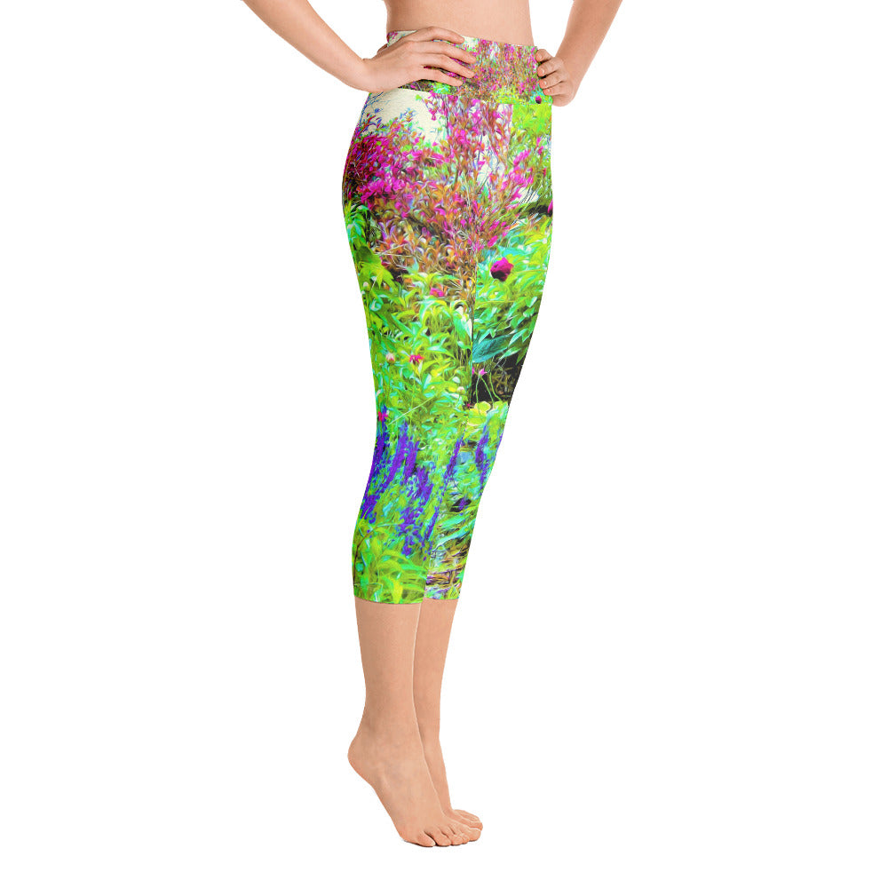 Capri Yoga Leggings, Green Spring Garden Landscape with Peonies