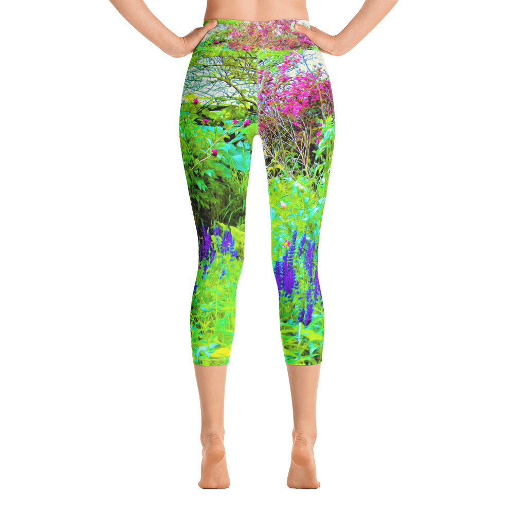 Capri Yoga Leggings, Green Spring Garden Landscape with Peonies