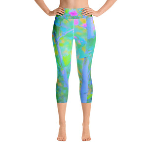 Capri Yoga Leggings, Pink Rose of Sharon Impressionistic Garden