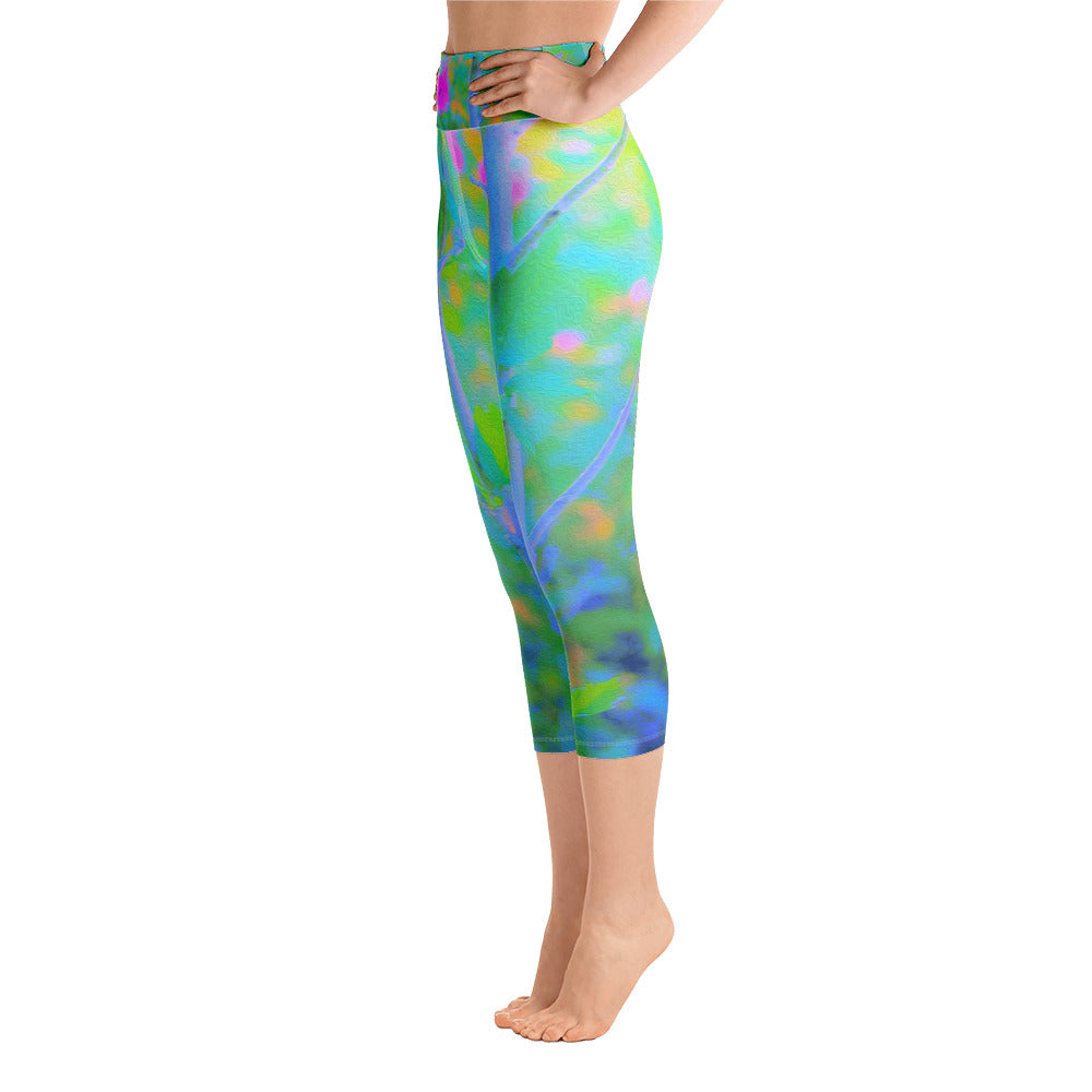 Capri Yoga Leggings, Pink Rose of Sharon Impressionistic Garden