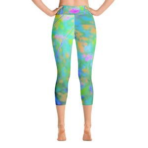 Capri Yoga Leggings, Pink Rose of Sharon Impressionistic Garden