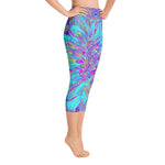 Capri Yoga Leggings, Abstract Colorful Blue and Purple Dahlia Bloom