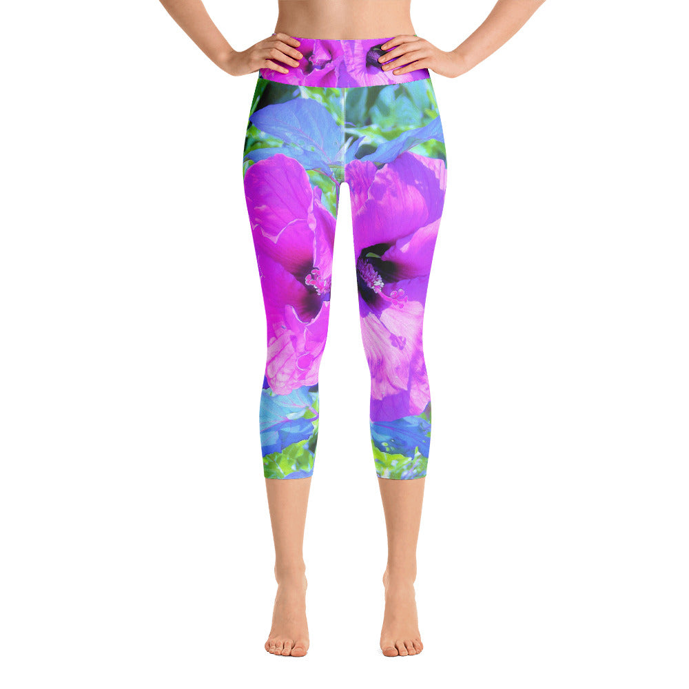 Capri Yoga Leggings, Ultra-Violet Plum Crazy Purple Hibiscus Flowers