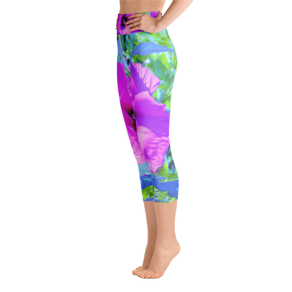 Capri Yoga Leggings, Ultra-Violet Plum Crazy Purple Hibiscus Flowers