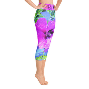 Capri Yoga Leggings, Ultra-Violet Plum Crazy Purple Hibiscus Flowers