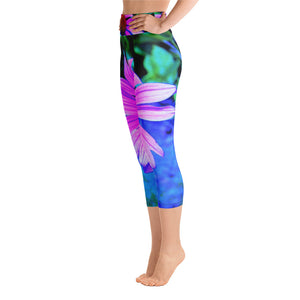 Capri Yoga Leggings, Pink and Purple Coneflower on Blue Garden