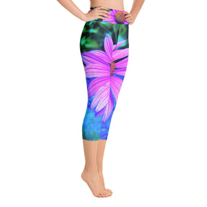 Capri Yoga Leggings, Pink and Purple Coneflower on Blue Garden