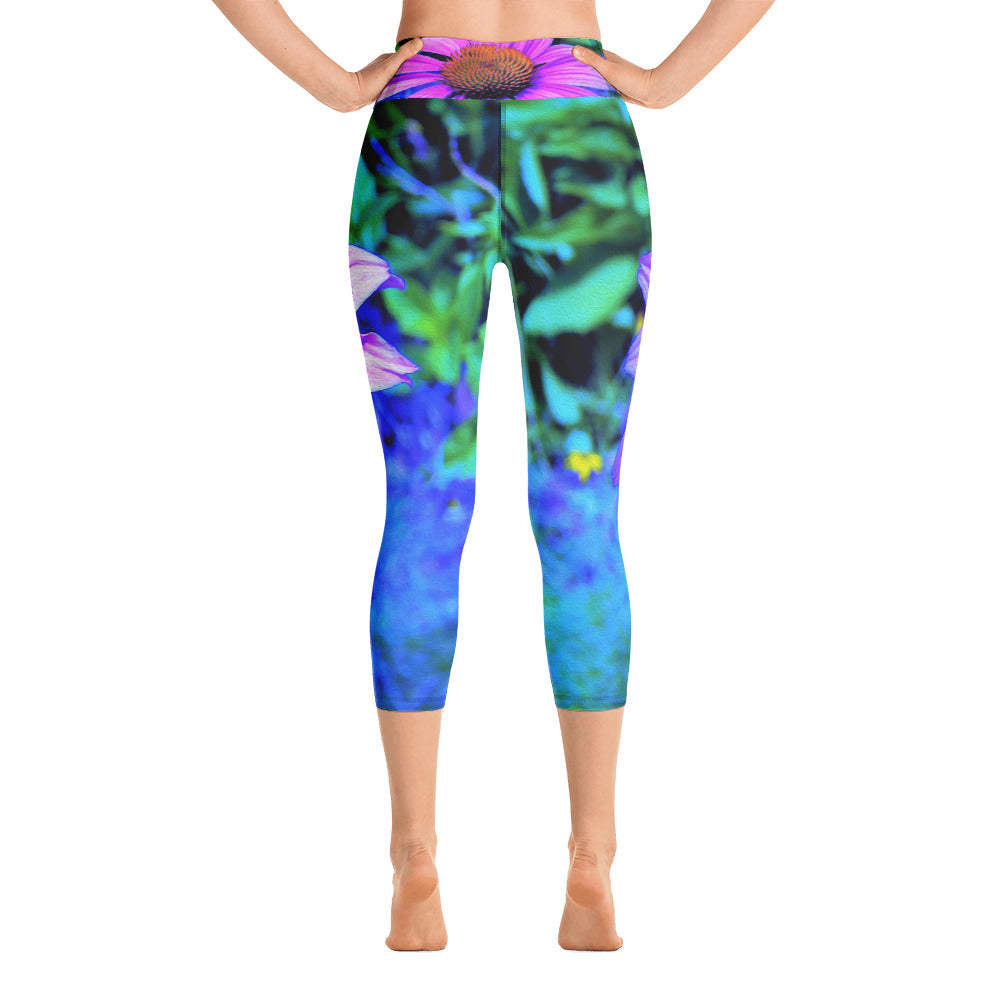 Capri Yoga Leggings, Pink and Purple Coneflower on Blue Garden