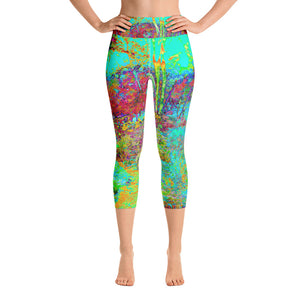 Capri Yoga Leggings, Psychedelic Autumn Gold and Aqua Garden Landscape