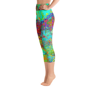 Capri Yoga Leggings, Psychedelic Autumn Gold and Aqua Garden Landscape