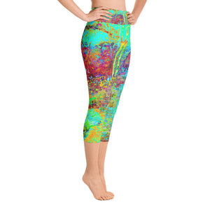 Capri Yoga Leggings, Psychedelic Autumn Gold and Aqua Garden Landscape