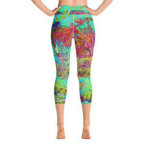 Capri Yoga Leggings, Psychedelic Autumn Gold and Aqua Garden Landscape