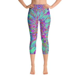 Capri Yoga Leggings, Aquamarine Rainbow Color Abstract Dahlia Flower