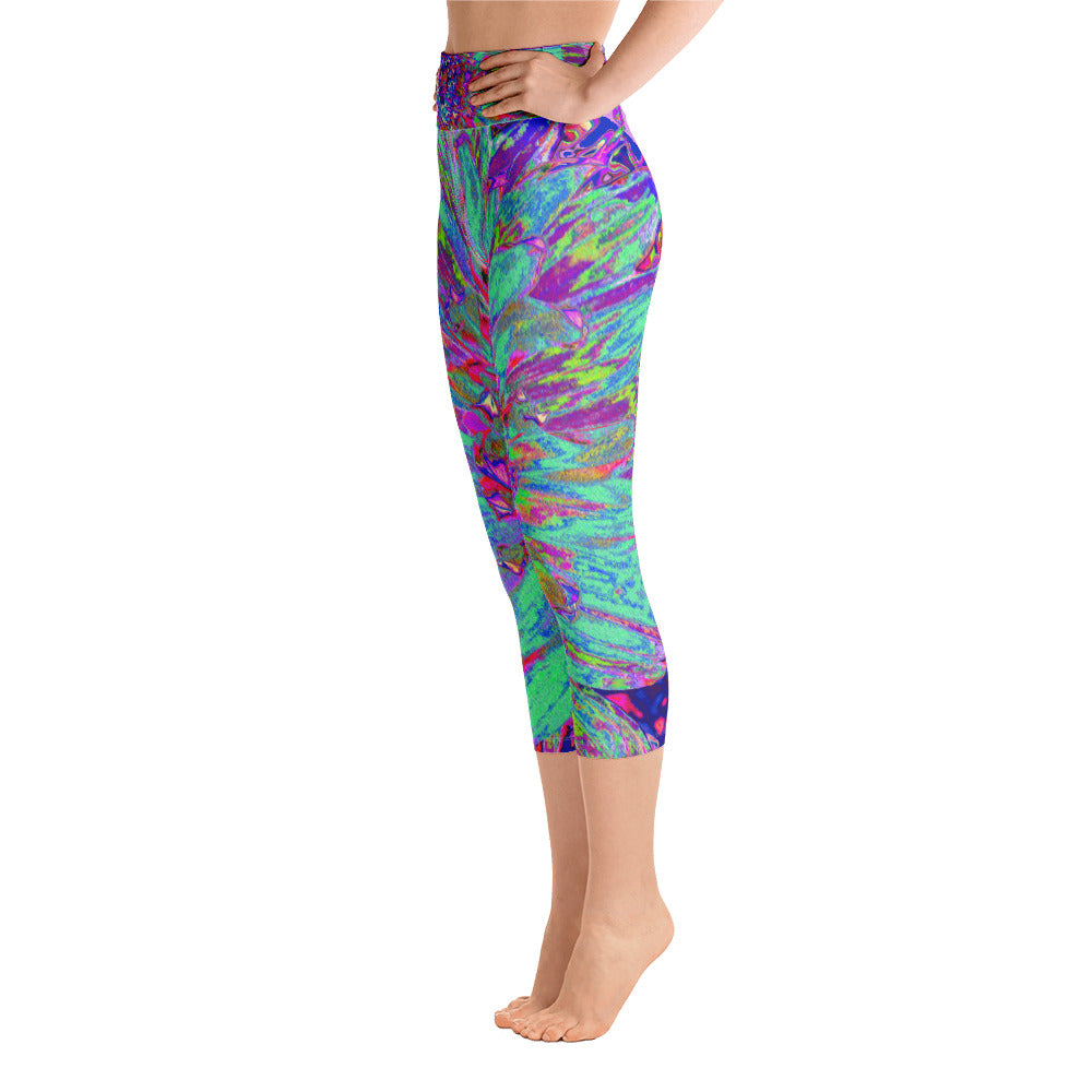 Capri Yoga Leggings, Aquamarine Rainbow Color Abstract Dahlia Flower