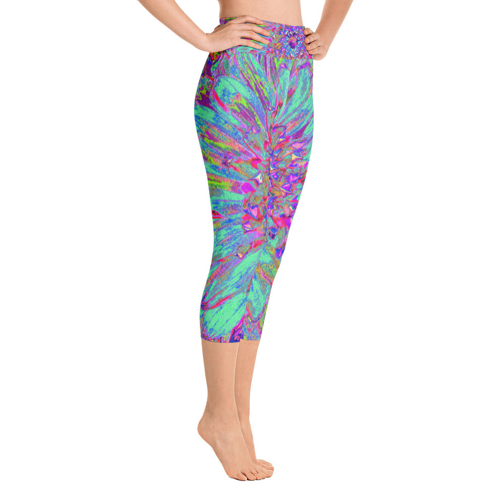 Capri Yoga Leggings, Aquamarine Rainbow Color Abstract Dahlia Flower