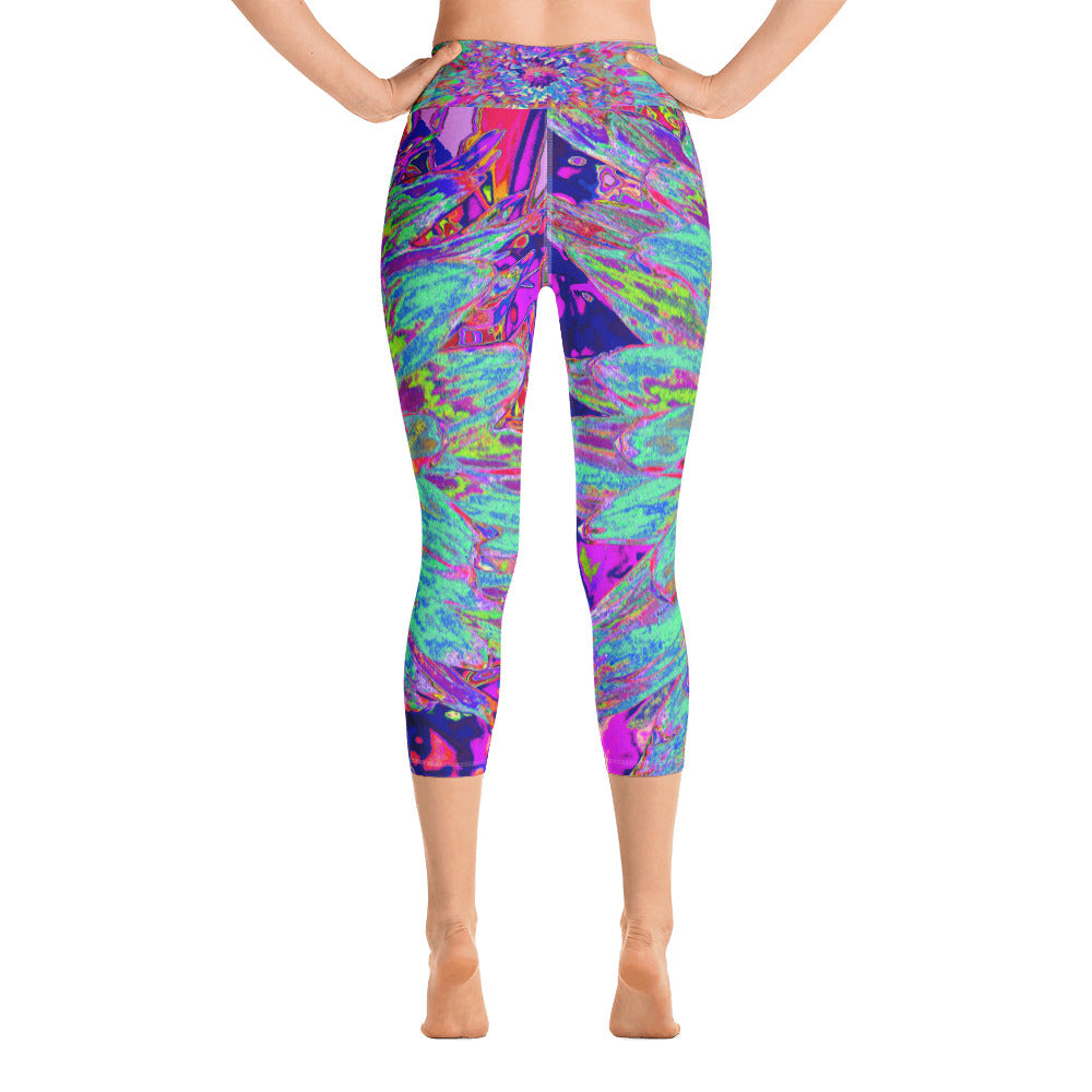 Capri Yoga Leggings, Aquamarine Rainbow Color Abstract Dahlia Flower