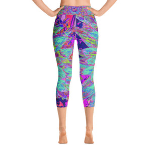 Capri Yoga Leggings, Aquamarine Rainbow Color Abstract Dahlia Flower