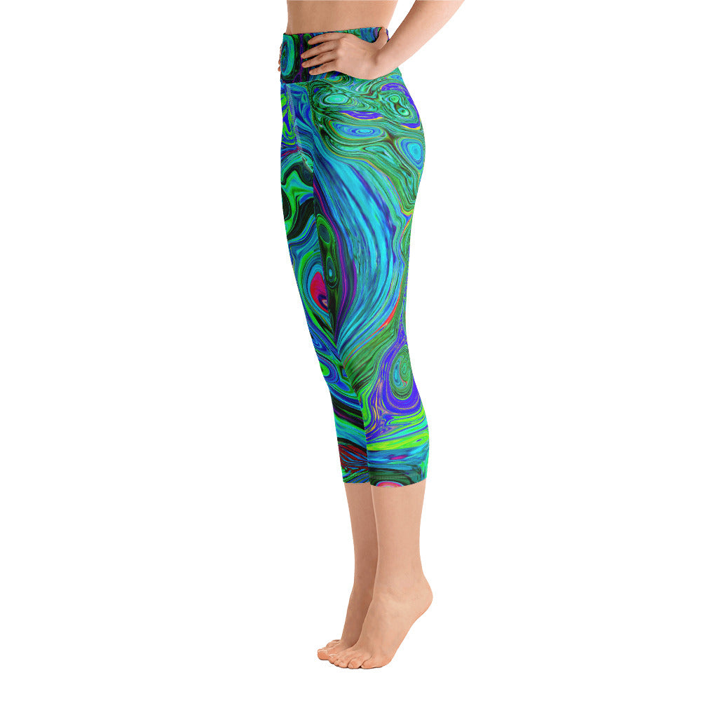 Capri Yoga Leggings for Women, Groovy Abstract Retro Green and Blue Swirl