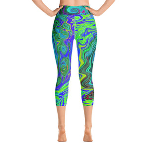 Capri Yoga Leggings for Women, Groovy Abstract Retro Green and Blue Swirl