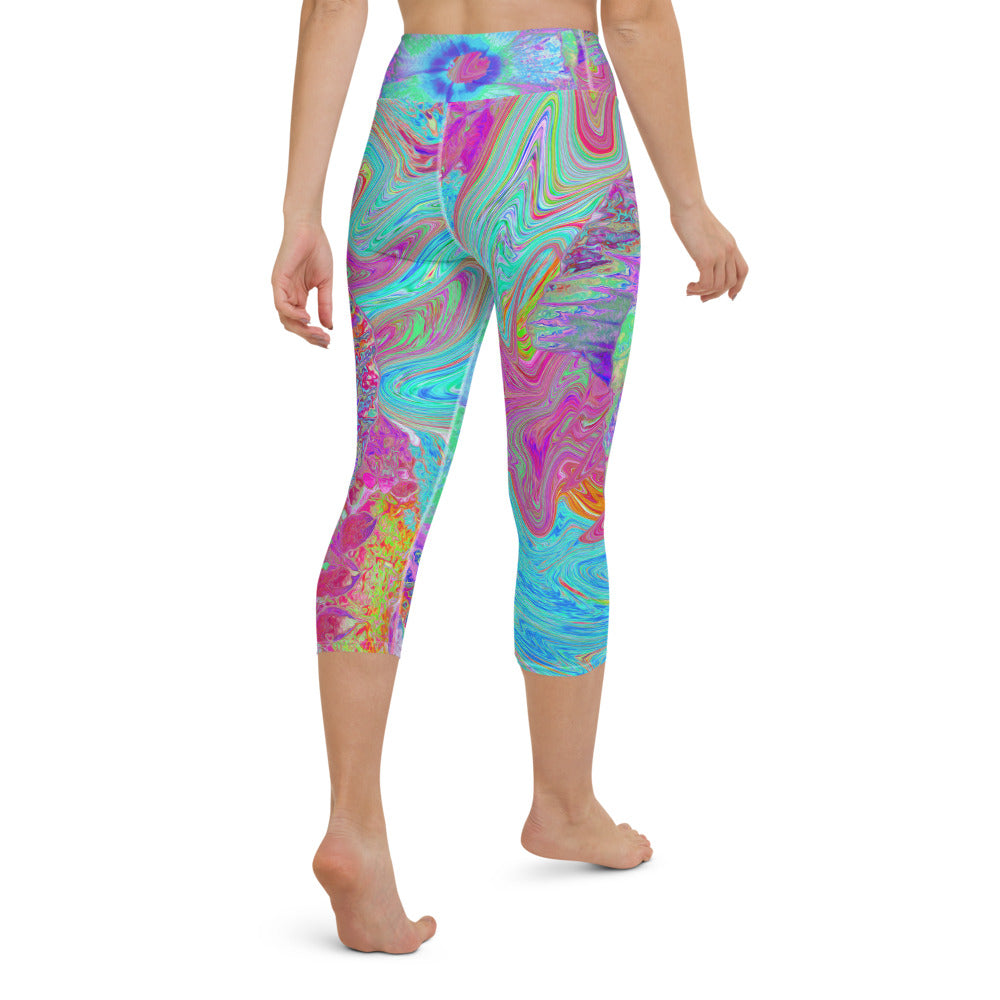 Capri Yoga Leggings, Psychedelic Retro Rainbow Blue Hibiscus