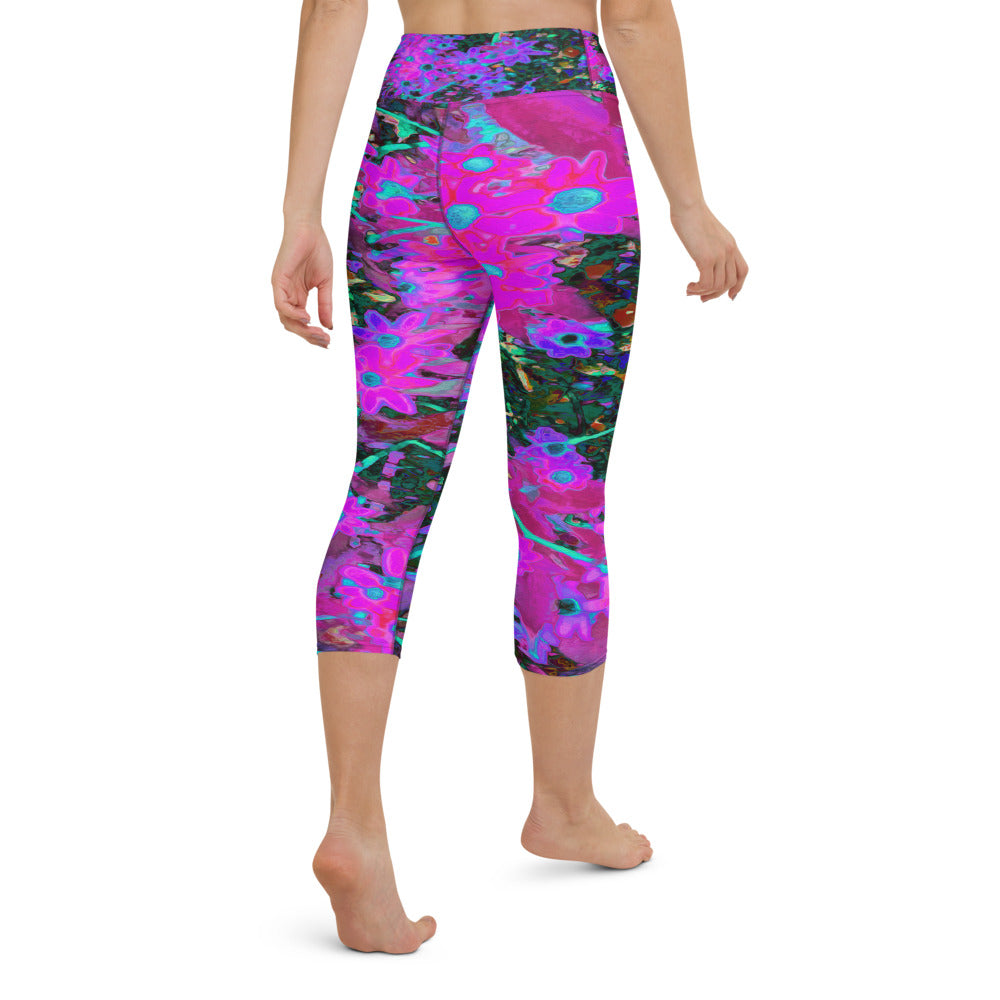 Capri Yoga Leggings for Women, Pretty Hot Pink, Magenta and Aqua Blue Flowers