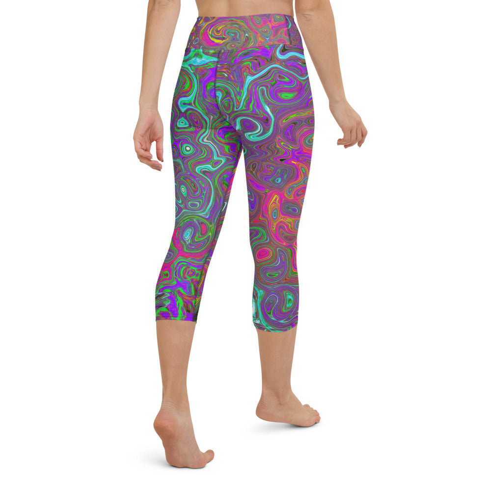 Colorful Capri Yoga Leggings, Trippy Hot Pink Abstract Retro Liquid Swirl
