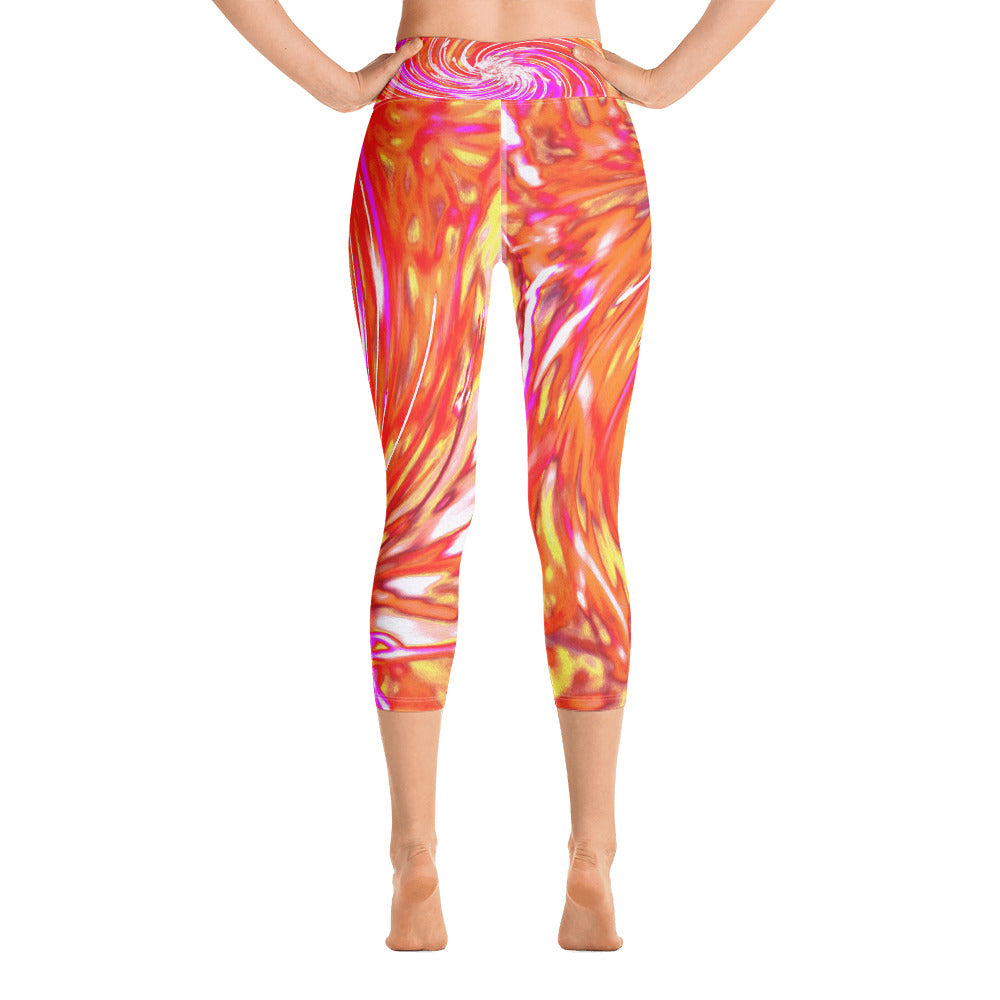 Capri Yoga Leggings for Women, Abstract Retro Magenta and Autumn Colors Floral Swirl