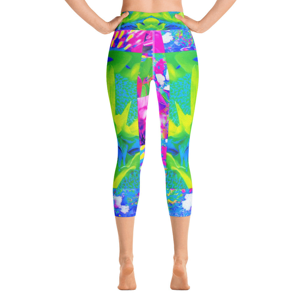 Capri Yoga Leggings for Women, Abstract Patchwork Sunflower Garden Collage