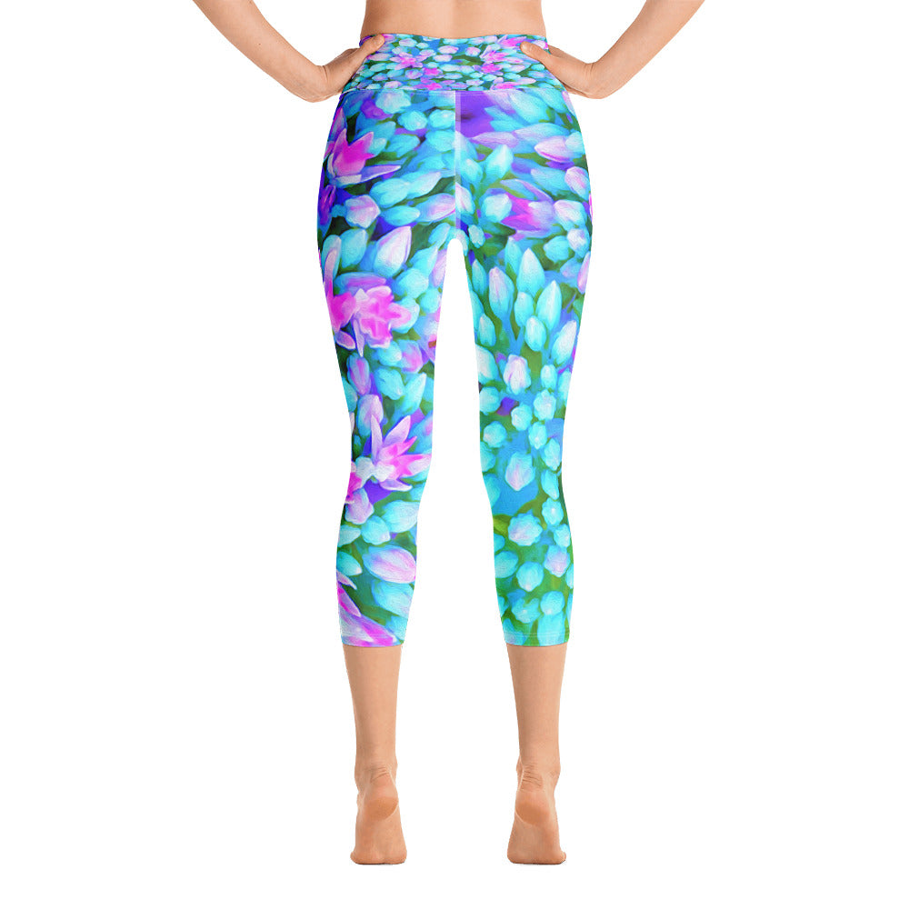Capri Yoga Leggings for Women, Blue and Hot Pink Succulent Sedum Flowers Detail