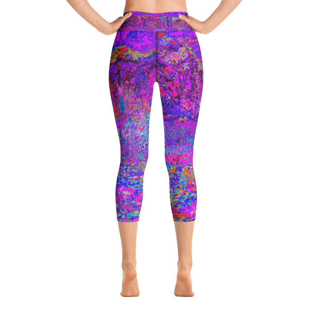 Capri Yoga Leggings for Women, Psychedelic Impressionistic Purple Garden Landscape