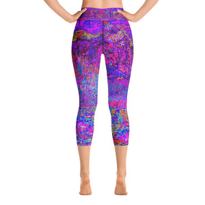 Capri Yoga Leggings for Women, Psychedelic Impressionistic Purple Garden Landscape