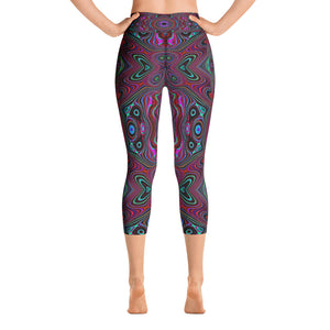 Capri Yoga Leggings, Trippy Seafoam Green and Magenta Abstract Pattern