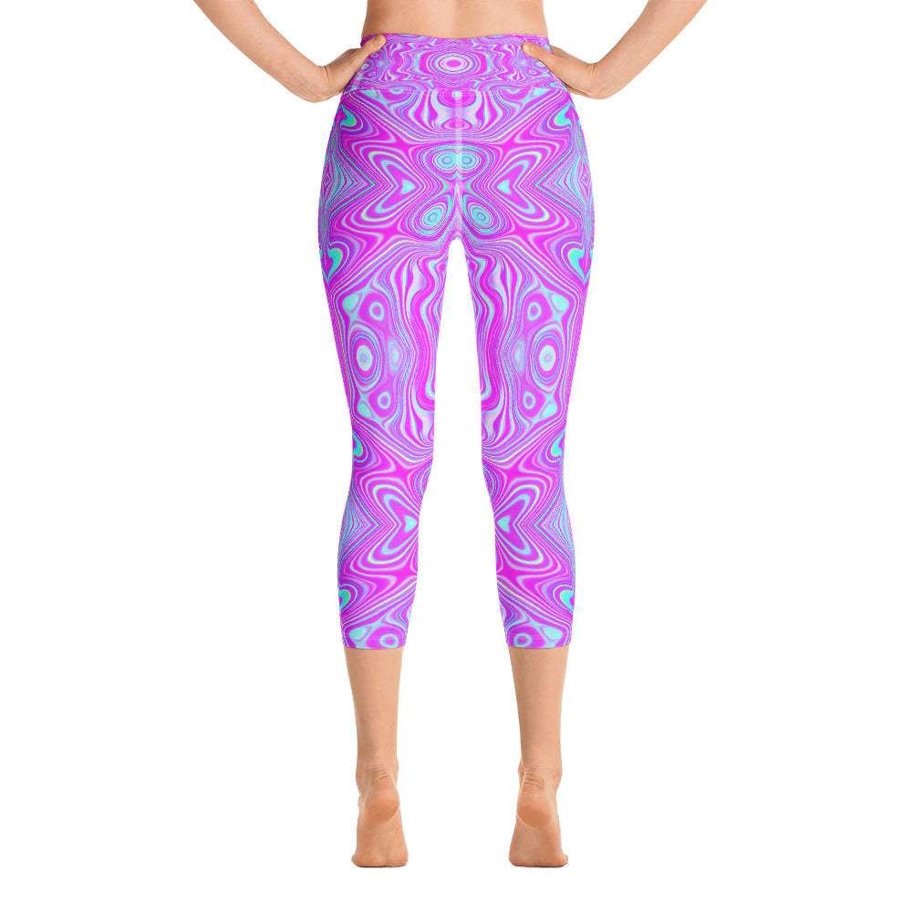 Capri Yoga Leggings for Women, Trippy Hot Pink and Aqua Blue Abstract Pattern