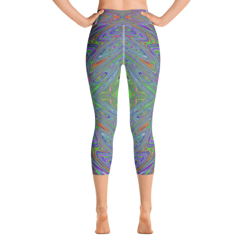Capri Yoga Leggings for Women, Abstract Trippy Purple, Orange and Lime Green Butterfly