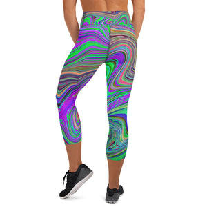 Capri Yoga Leggings for Women, Trippy Lime Green and Purple Waves of Color