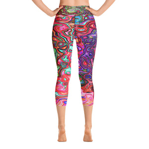 Capri Yoga Leggings for Women, Watercolor Red Groovy Abstract Retro Liquid Swirl