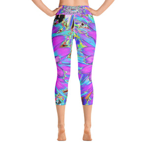 Capri Yoga Leggings for Women, Trippy Abstract Aqua, Lime Green and Purple Dahlia