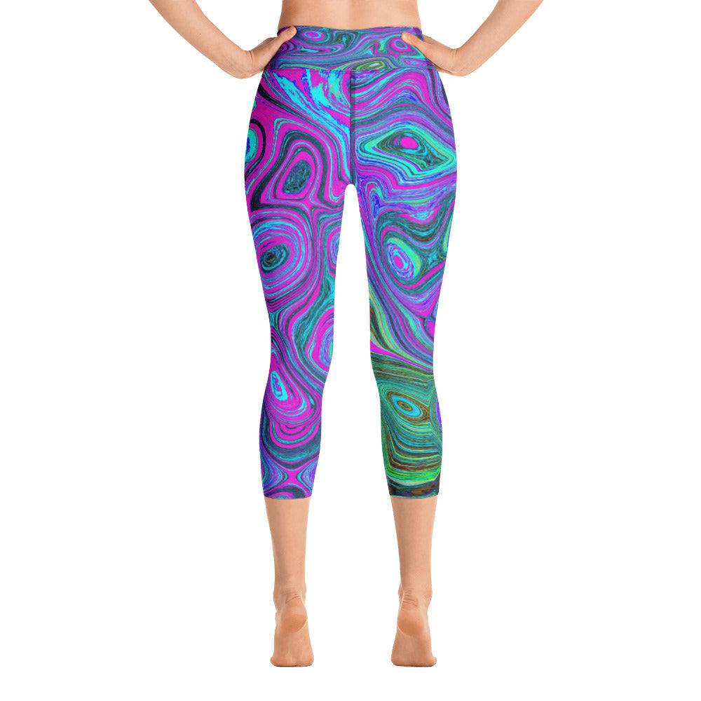 Capri Yoga Leggings for Women, Marbled Magenta and Lime Green Groovy Abstract Art