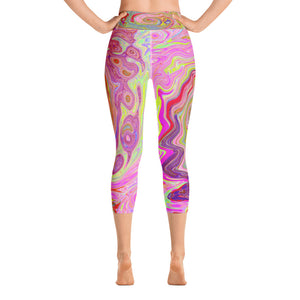Capri Yoga Leggings for Women, Retro Pink, Yellow and Magenta Abstract Groovy Art