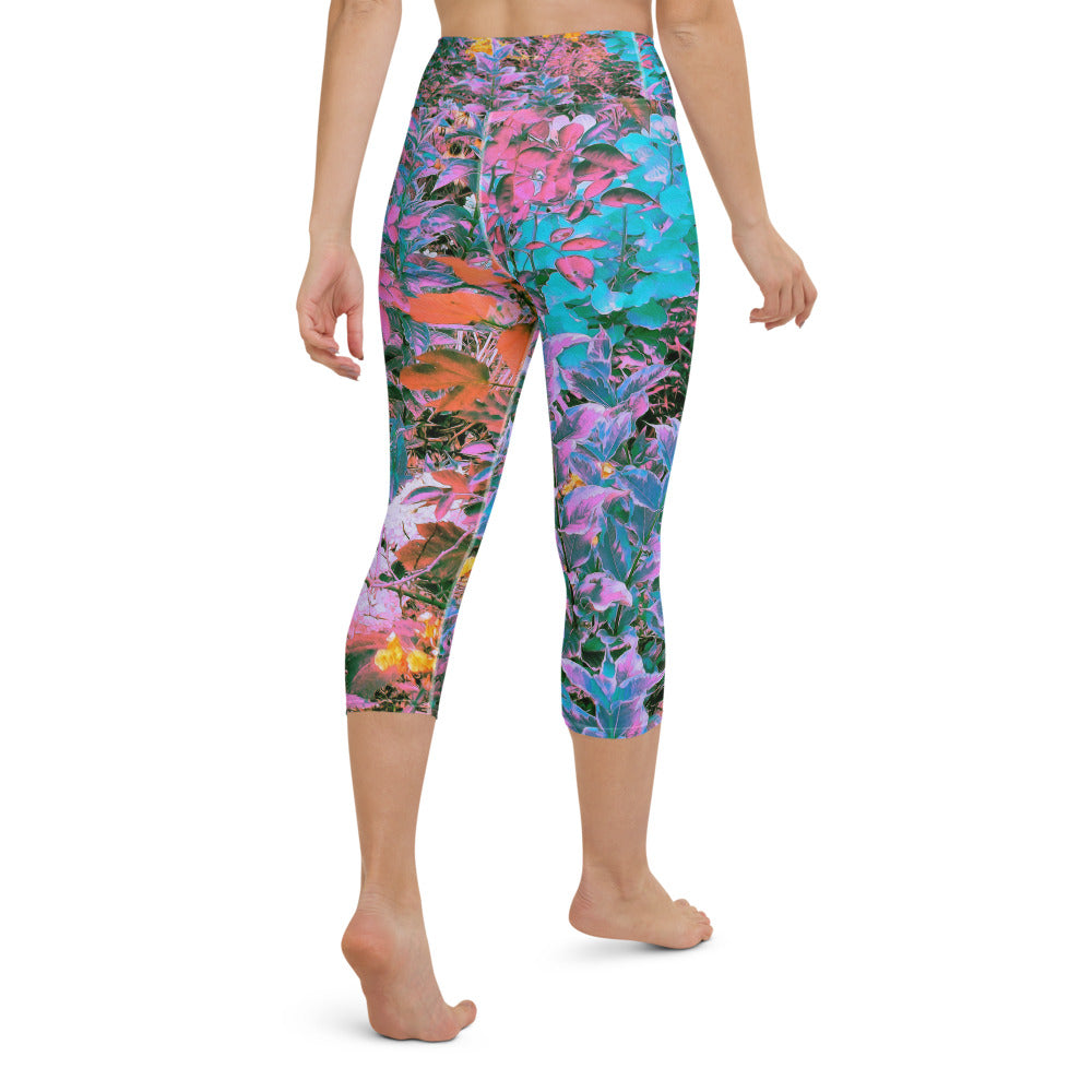 Capri Yoga Leggings for Women, Abstract Coral, Pink, Green and Aqua Garden Foliage