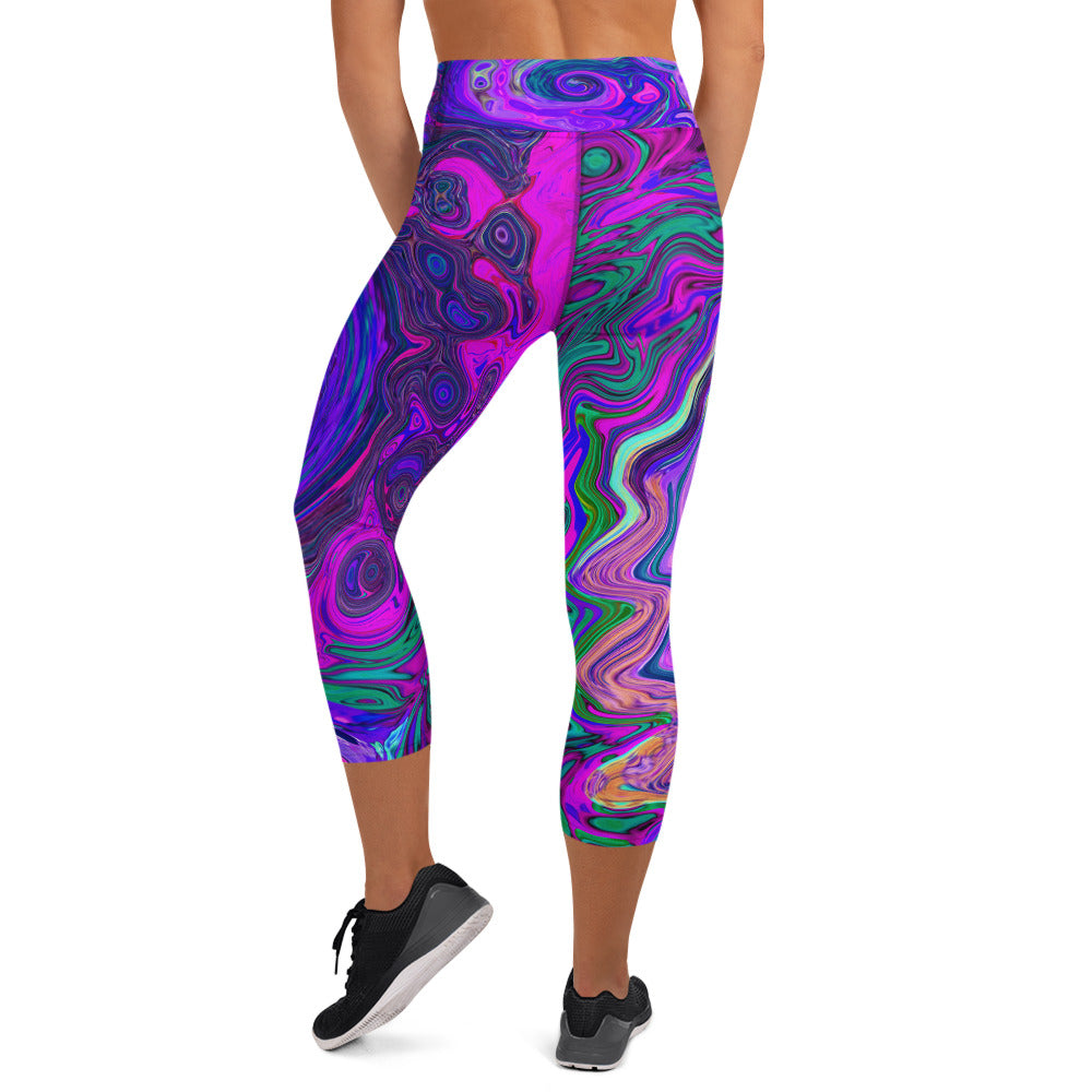 Capri Yoga Leggings for Women, Groovy Abstract Retro Magenta and Purple Swirl